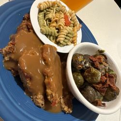 Marino's Lunch - Meatloaf (Wednesday Blue Plate Special) with pasta salad and brussels