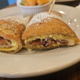 Pancake wrap (made with gluten free pancake over 2 egg omlette with Mexican cheese and bacon)