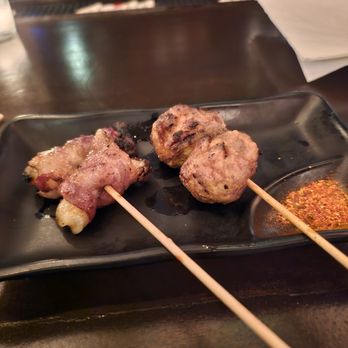 Lucky Cat - Yakitori- Bacon With Mochi $6 (LT, good) Meatball/Tsukune $5 (RT, OK) - Ramen Near Me - New York, New York Lucky Cat - Yakitori- Bacon With Mochi $6 (LT, good) Meatball/Tsukune $5 (RT, OK) - Ramen Near Me - New York, New York