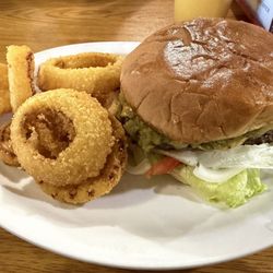 Hop in Cafe - My cheeseburger with green chili and onion rings! 11.29.2025