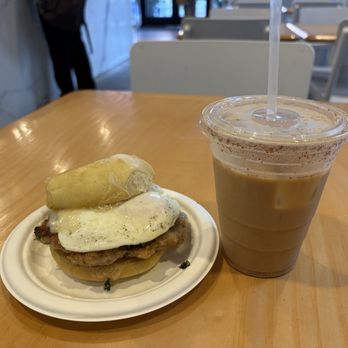 D'Andrews Bakery & Cafe - Chicken sausage breakfast sandwich and iced latte (honey flavor with cinnamon) - Bakeries Near Me - Nashville, Tennessee