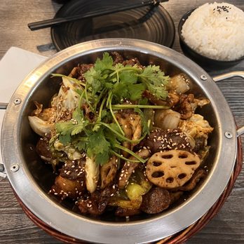 Hi Pot - Lazy Guy Spice Pot with lotus root and beef tendon meatballs. Rice on the side - Szechuan Near Me - Cupertino, California