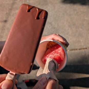 Seattle Pops - Blackberry Ginger dipped in Theo's dark chocolate (both vegan!) (rating: 4.5/5), Strawberry Banana (kids size) w/ toasted coconut (3.5/5) - Desserts Near Me - Seattle, Washington
