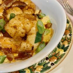 Dancing Spoons A GoGo Food Truck - Wild Caught Cajun Style Gulf Shrimp with creamy-cheese-y Organic Grits, topped with Applewood Smoked Bacon and Green Onion.