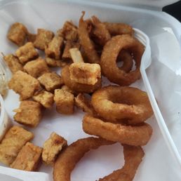 Salmon bites and onion rings. Salmon bites and onion rings.