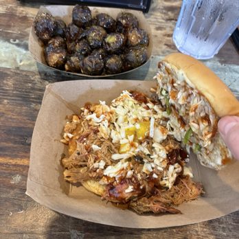 Platt Daddy BBQ - Pork sandwich and a side of honey Brussel sprouts. - Barbeque Near Me - Quincy, Illinois