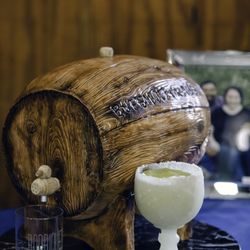 Flying Pig Cakery - Whiskey barrel and edible margarita glass Grooms cake.