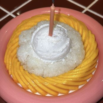 Dalah - Mango sticky rice with a candle for a bday!! - Thai Near Me - Pasadena, California