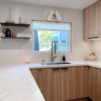 Five Diamonds Building and Remodel - Finger tile back splash, brass faucet and mid-century lighting. - General Contractors Near Me - Irvine, California Five Diamonds Building and Remodel - Finger tile back splash, brass faucet and mid-century lighting. - General Contractors Near Me - Irvine, California