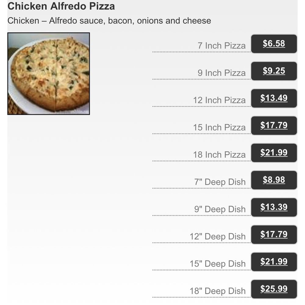 Colonial Pizza - Website lists the chicken Alfredo pizza is made with chicken, bacon, and onions - Pizza Near Me - Cedarville, Ohio Colonial Pizza - Website lists the chicken Alfredo pizza is made with chicken, bacon, and onions - Pizza Near Me - Cedarville, Ohio