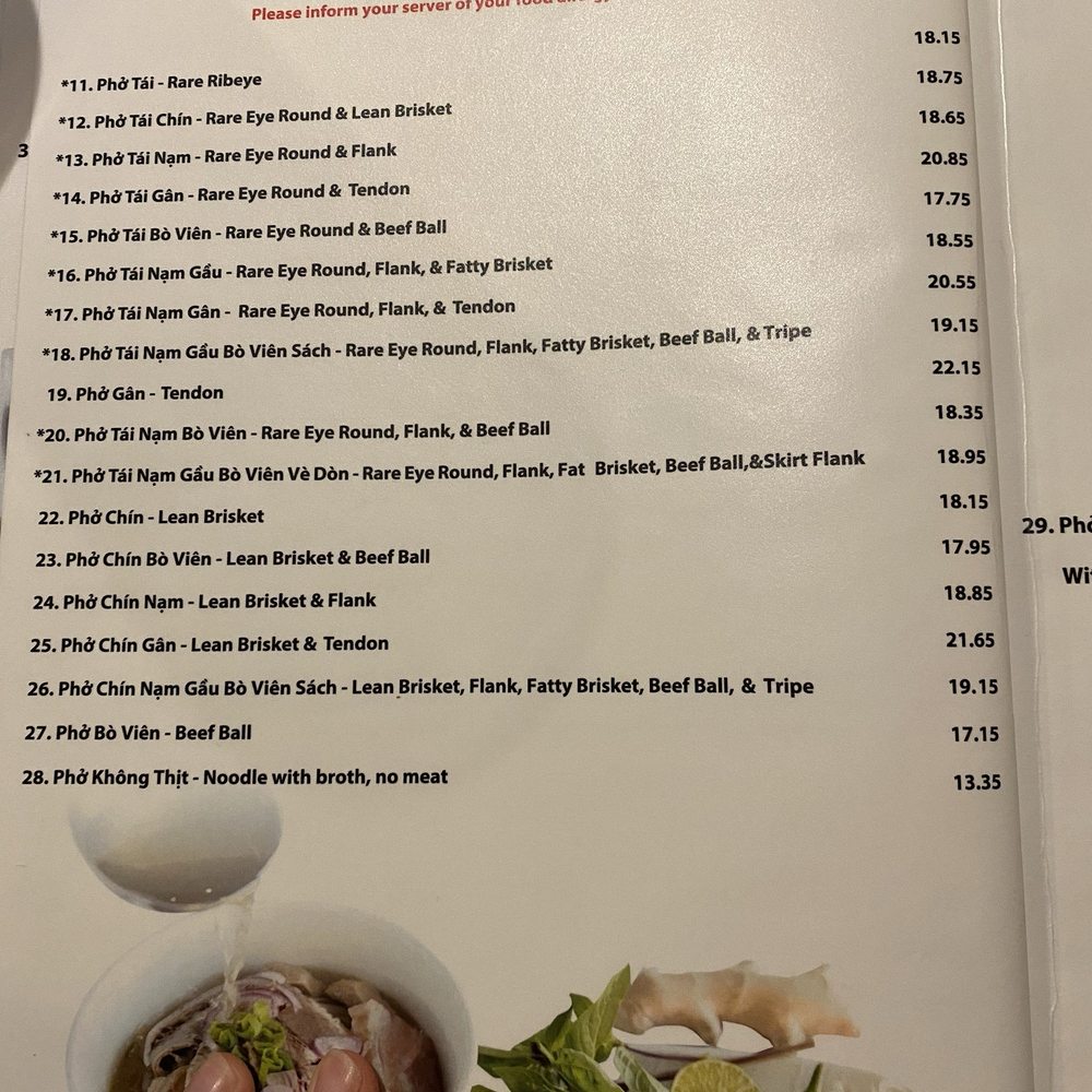 Pho menu as of November 2025 Pho menu as of November 2025