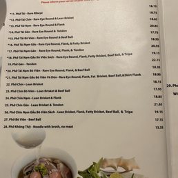 Pho menu as of November 2025