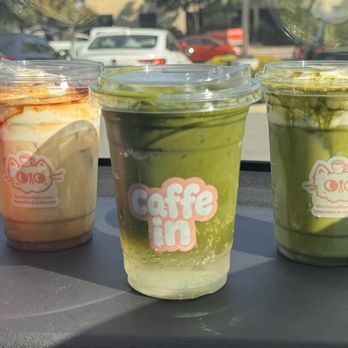 Caffe In Coffee Roasters - Left to right: Cream top Caramel Coffee, Matcha Tonic, Cream top Matcha - Coffee & Tea Near Me - Tustin, California Caffe In Coffee Roasters - Left to right: Cream top Caramel Coffee, Matcha Tonic, Cream top Matcha - Coffee & Tea Near Me - Tustin, California