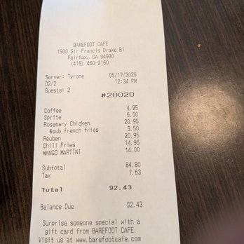 Barefoot Cafe - The receipt - Bars Near Me - Fairfax, California