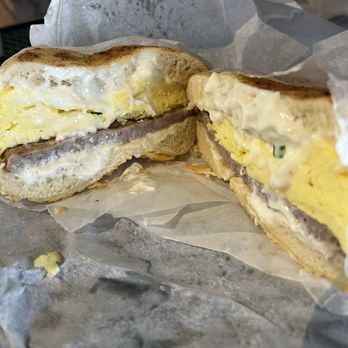 Rich's Bagels - Egg and sausage with Scallion Cream Cheese on The Original Asiago Cheese - Bagels Near Me - Sandy, Utah Rich's Bagels - Egg and sausage with Scallion Cream Cheese on The Original Asiago Cheese - Bagels Near Me - Sandy, Utah