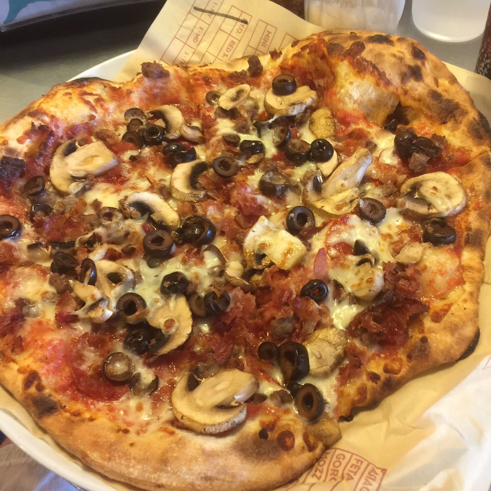 MOD Pizza - Medium "Mod" with ground beef, pepperoni, xtra bacon, mushrooms & black olives - Pizza Near Me - Katy, Texas MOD Pizza - Medium "Mod" with ground beef, pepperoni, xtra bacon, mushrooms & black olives - Pizza Near Me - Katy, Texas