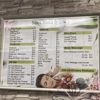 Sona Nails & Spa - Price list - $25 Pedicures/ $30 Gel Manicures / Gel Mani + Reg Pedi $55! - Waxing Near Me - Forest Hills, New York Sona Nails & Spa - Price list - $25 Pedicures/ $30 Gel Manicures / Gel Mani + Reg Pedi $55! - Waxing Near Me - Forest Hills, New York