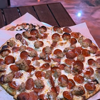 Dirty Pepperoni - Pepperoni and sausage pizza with light white sauce, and hot honey and ranch on top - Pizza Near Me - Long Beach, California Dirty Pepperoni - Pepperoni and sausage pizza with light white sauce, and hot honey and ranch on top - Pizza Near Me - Long Beach, California