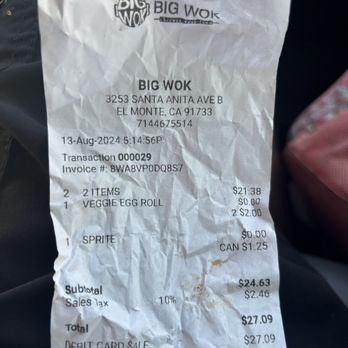 Big Wok - Receipt - Chinese Near Me - El Monte, California