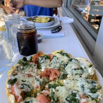 Eggsperts Cafe - Mediterranean pizza (it was about 2-3" high and fluffy) and breakfast steak platter (in the background). - Breakfast & Brunch Near Me - Orland Park, Illinois