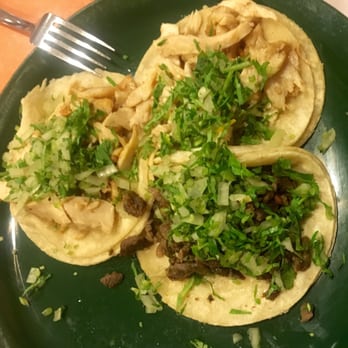 Taco Rico - Two chicken tacos (top and left), steak taco (bottom right). - Mexican Near Me - Lafayette, Indiana