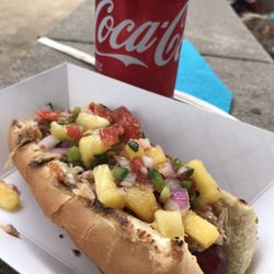 Resident Dogs - Don Ho, beef hot dog, pulled pork, pineapple salsa and teriyaki sauce.