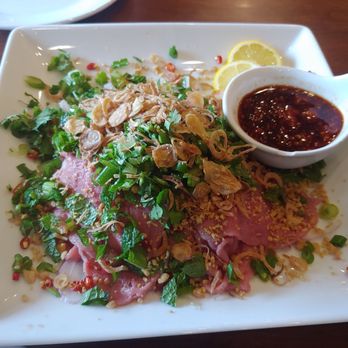 Pho 60 - Raw Beef Salad with Lemon Juice and chili oil dipping sauce. - Vietnamese Near Me - Brooklyn, New York