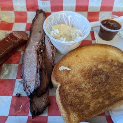 S.A.M. Que - Two meat plate with sausage, brisket, Cole slaw, and Texas toast.