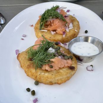 Beach Plum Kitchen - Salmon pancakes. Dense and tasty!! - New American Near Me - Carlsbad, California Beach Plum Kitchen - Salmon pancakes. Dense and tasty!! - New American Near Me - Carlsbad, California
