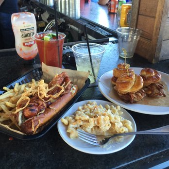 ViewHouse Ballpark - Some bratwurst BBQ dog on a pretzel bun, mac and cheese with chex mix (which was a complete lack of chex mix), and brisket sliders. - Breakfast & Brunch Near Me - Denver, Colorado ViewHouse Ballpark - Some bratwurst BBQ dog on a pretzel bun, mac and cheese with chex mix (which was a complete lack of chex mix), and brisket sliders. - Breakfast & Brunch Near Me - Denver, Colorado