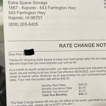 Extra Space Storage - Rate increase cards you get - Self Storage Near Me - Kapolei, Hawaii