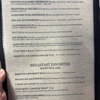 JJ's Bistro - Back of menu - New American Near Me - Sun City, Arizona
