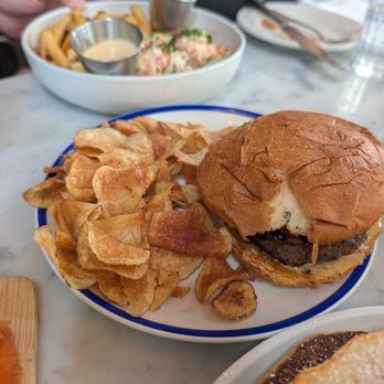 Jeffrey's Grocery - JG burger with chips - Seafood Near Me - New York, New York Jeffrey's Grocery - JG burger with chips - Seafood Near Me - New York, New York