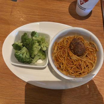 BJ's Restaurant & Brewhouse - Kids spaghetti with meatball and broccoli - New American Near Me - Teterboro, New Jersey BJ's Restaurant & Brewhouse - Kids spaghetti with meatball and broccoli - New American Near Me - Teterboro, New Jersey