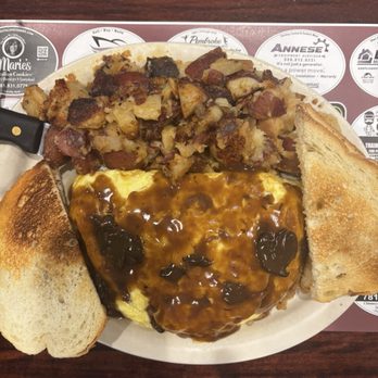 Omelette Factory - Steak and cheese omelette with mushroom gravy and sourdough toast. - Breakfast & Brunch Near Me - Pembroke, Massachusetts Omelette Factory - Steak and cheese omelette with mushroom gravy and sourdough toast. - Breakfast & Brunch Near Me - Pembroke, Massachusetts
