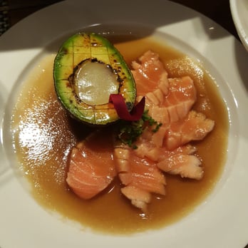 O-Ku - This is the smokey Salmon looks delish..  Was I vinegerette is in the middle of the avocado. - Japanese Near Me - Atlanta, Georgia