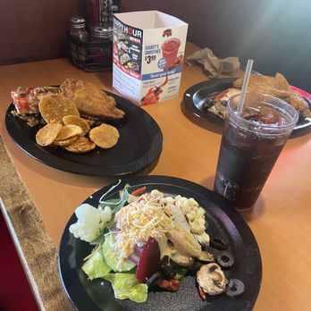Shakey's Pizza Parlor - My salad plate and lunch plate with fried chicken , pizza and mojo potatoes. The fried chicken was freshly fried ! Yum ! - Pizza Near Me - San Gabriel, California Shakey's Pizza Parlor - My salad plate and lunch plate with fried chicken , pizza and mojo potatoes. The fried chicken was freshly fried ! Yum ! - Pizza Near Me - San Gabriel, California
