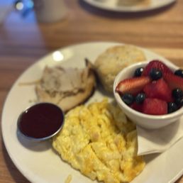 Scrambled eggs and Roasted Turkey and fruit Scrambled eggs and Roasted Turkey and fruit