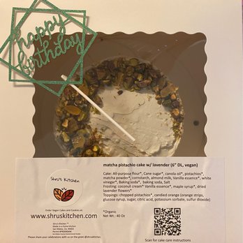 Shru's Kitchen - Matcha Pistachio Cake with ingredients listed and a QR code for care instructions - Vegan Near Me