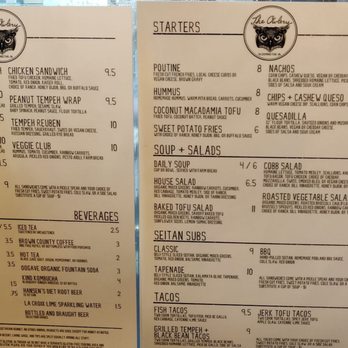 The Owlery Restaurant - Lunch Menu - Vegan Near Me - Bloomington, Indiana