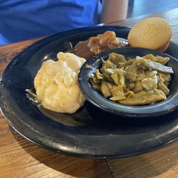 Lucy’s Tuscaloosa - Hamburger steak, Mac and cheese, green beans, cornbread.