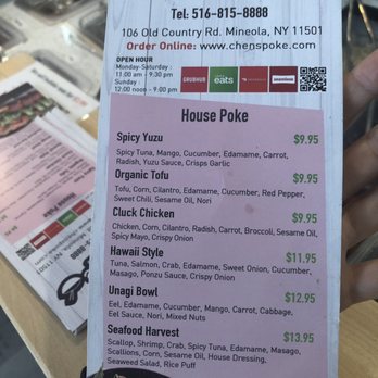 Chen's Poke Bowl - Other side of the menu - Poke Near Me - Mineola, New York