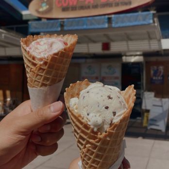 Cow-A-Bunga - Strawberry Cheesecake + Chocolate Chip in waffle cones - Ice Cream & Frozen Yogurt Near Me - Imperial Beach, California Cow-A-Bunga - Strawberry Cheesecake + Chocolate Chip in waffle cones - Ice Cream & Frozen Yogurt Near Me - Imperial Beach, California