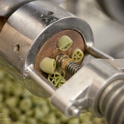 Midwest Pasta - This brass die is cutting the spinach Rotelle pasta. RFT April 23 2013