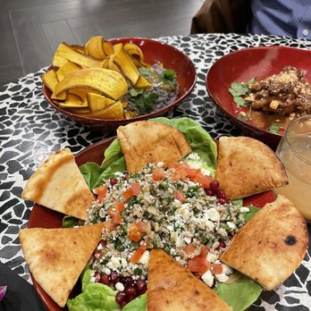 Fred & Stilla - Farro Tabbouleh Salad, Black Bean Salsa Dip with plantain chips, and Suya Chicken Skewers - New American Near Me - Washington, DC, District of Columbia