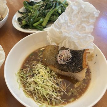 ABC Seafood Company - Seared black cod and Chinese broccoli with puffed rice cake, shaved cabbage in a miso broth. - Seafood Markets Near Me - Portland, Oregon