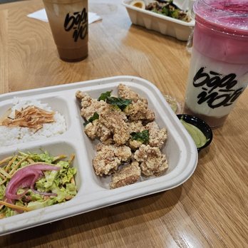 Bopomofo Cafe - Bento box (rice w/ crispy onions, popcorn chicken, slaw, thai basil aioli), taro sweet milk, heritage lu rou rice, coffee milk tea - Bubble Tea Near Me - Artesia, California Bopomofo Cafe - Bento box (rice w/ crispy onions, popcorn chicken, slaw, thai basil aioli), taro sweet milk, heritage lu rou rice, coffee milk tea - Bubble Tea Near Me - Artesia, California