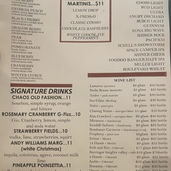 Chaos On Central - Drink Menu (Some Rotational Items) - Burgers Near Me - Le Mars, Iowa Chaos On Central - Drink Menu (Some Rotational Items) - Burgers Near Me - Le Mars, Iowa