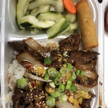 I Wanna Wok - Korean Bulgogi Beef Boom Box w/white rice, veggie spring roll and cucumber salad. - Food Trucks Near Me I Wanna Wok - Korean Bulgogi Beef Boom Box w/white rice, veggie spring roll and cucumber salad. - Food Trucks Near Me