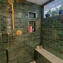 Tile Experts - bench in imitation marble 24x48 tile , walls 3x6 subway and floor 8x8 concrete imitation tile